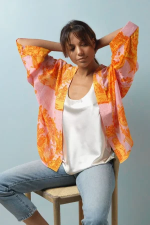 Women One Hundred Stars Ancient Columns Orange Kimono