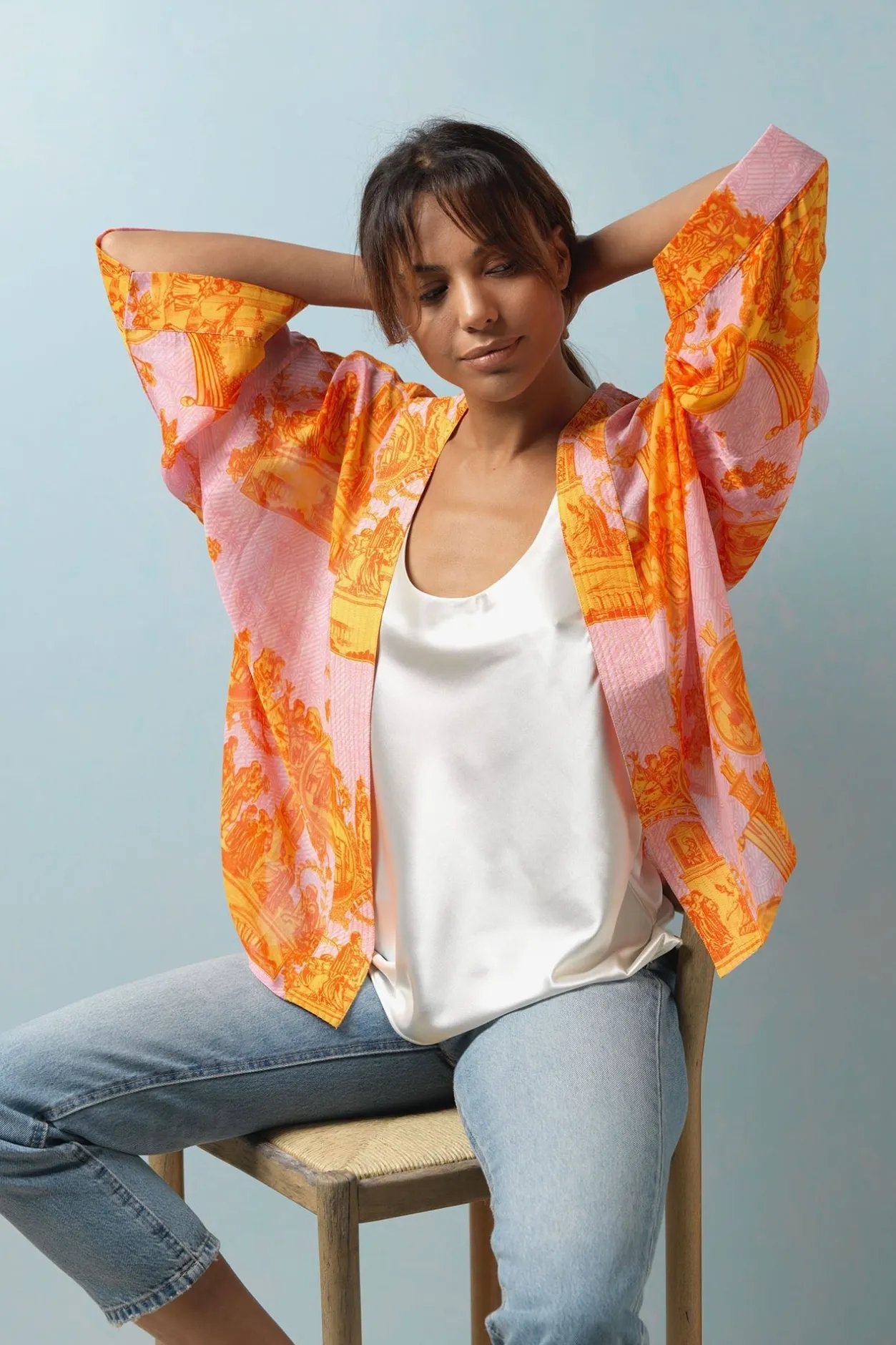 Women One Hundred Stars Ancient Columns Orange Kimono