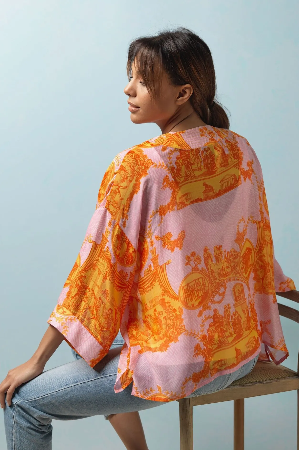 Women One Hundred Stars Ancient Columns Orange Kimono