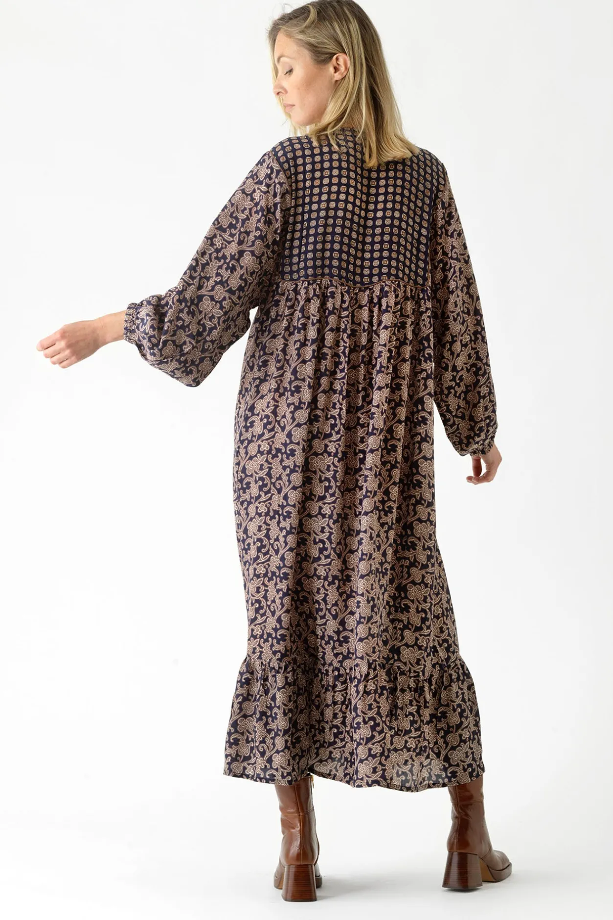 Women One Hundred Stars Floral Paisley Blue Boho Dress