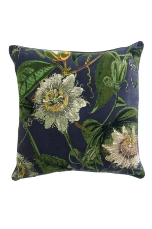 One Hundred Stars Kew Passion Flower Grey Velvet Square Cushion