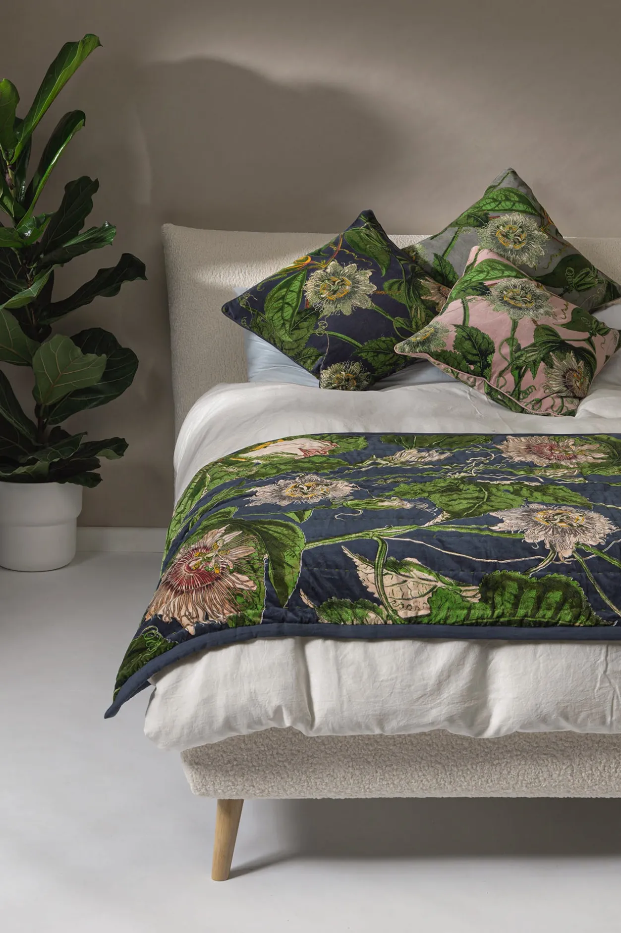 One Hundred Stars Kew Passion Flower Grey Velvet Throw