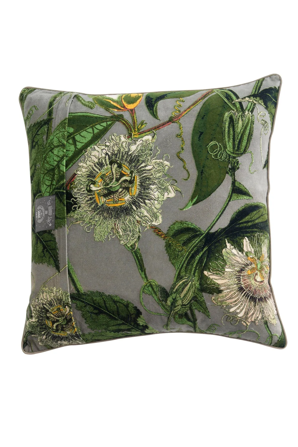 One Hundred Stars Kew Passion Flower Stone Velvet Square Cushion