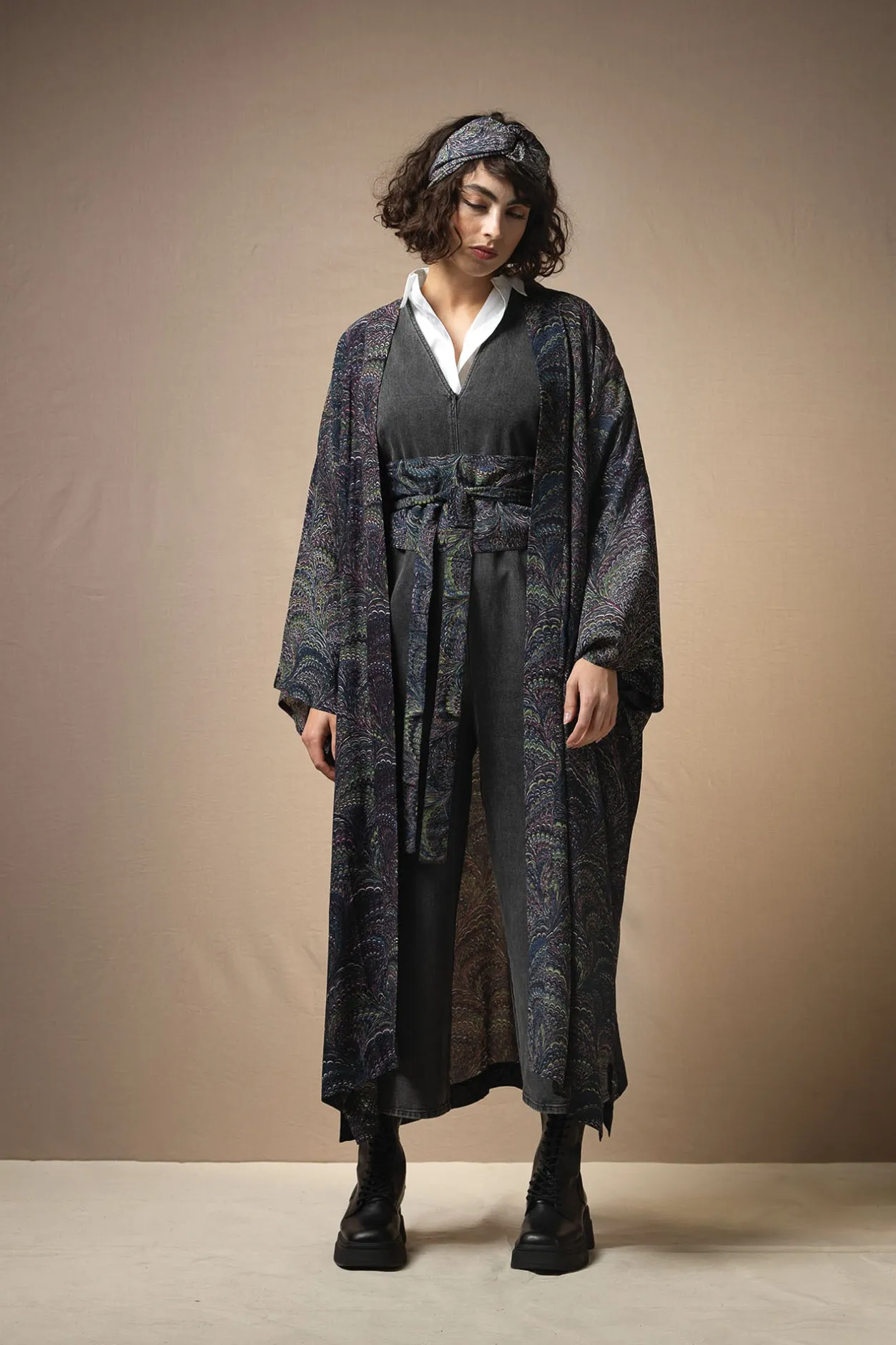 Women One Hundred Stars Marbled Indigo Crepe Long Kimono