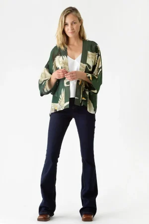 Women One Hundred Stars Stork Forest Green Kimono