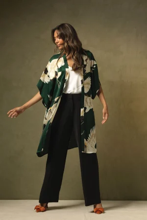 Women One Hundred Stars Stork Forest Green Midi Kimono
