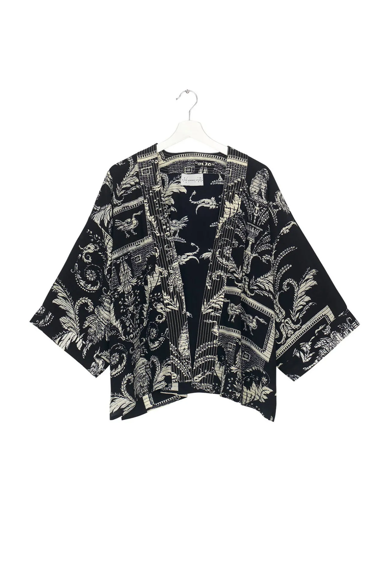 Women One Hundred Stars Vintage Damask Black Crepe Kimono