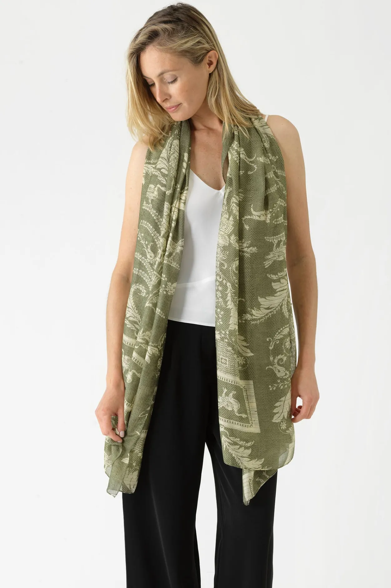 One Hundred Stars Vintage Damask Sage Scarf